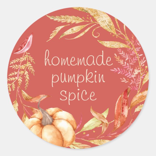 Homemade Pumpkin Spice Watercolor Foliage Red Classic Round Sticker (Front)