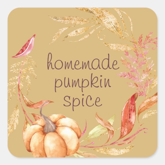 Homemade Pumpkin Spice Watercolor Foliage Yellow Square Sticker (Front)