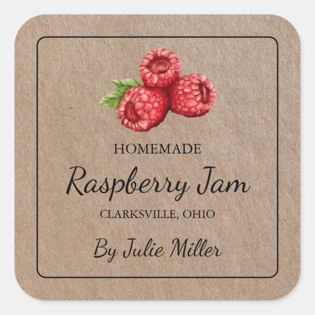Homemade Raspberry Jam Square Kraft Paper Label (Front)