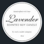 Homemade Soy Candle Chic Calligraphy Black White Classic Round Sticker<br><div class="desc">Chic, modern and simple organic homemade soy candle label with the text handcrafted with love, scented soy candle, your customized scent and your business name in black elegant handwritten script calligraphy and modern typography on a white background. Simply add your information to the label and you're ready to sell your...</div>