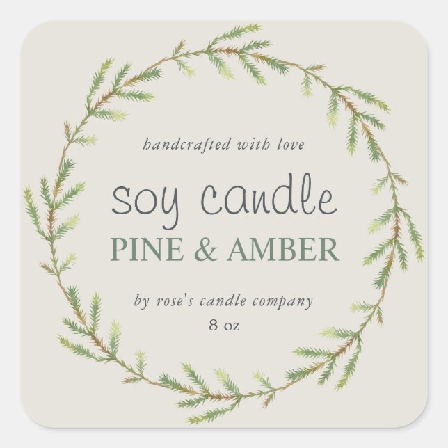 Homemade Soy Candle Pine Sprig Custom Grey Classic Square Sticker (Front)