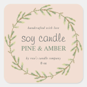 Homemade Soy Candle Pine Sprig Custom Pink Square Sticker