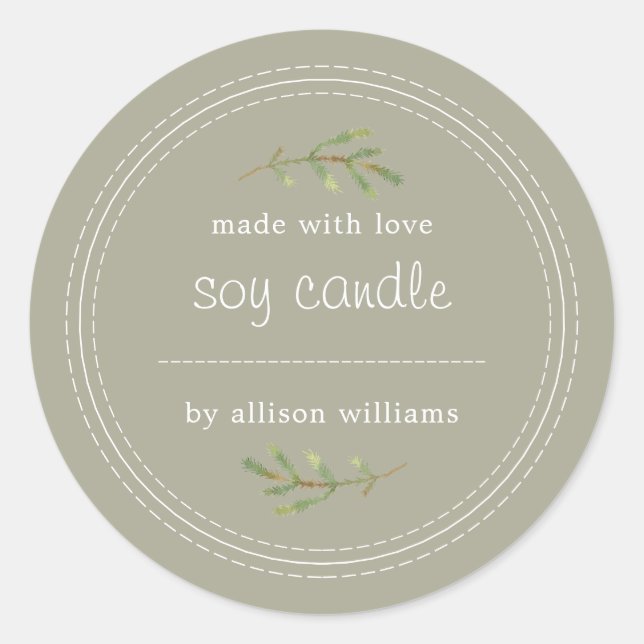 Homemade Soy Candle Pine Sprig Write On Grey  Classic Round Sticker (Front)