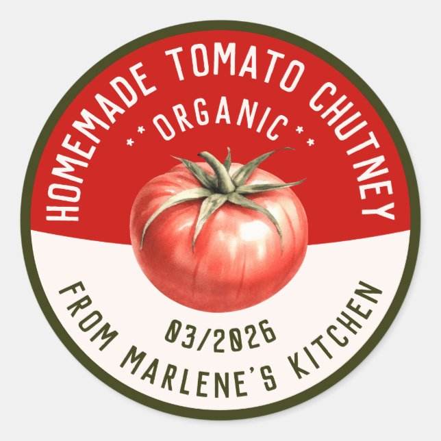 Homemade tomato chutney with two colours classic round sticker (Front)