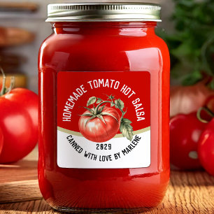 Homemade tomato hot salsa with red tomato square sticker