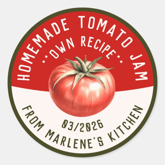 Homemade tomato jam with two colours classic round sticker (Front)