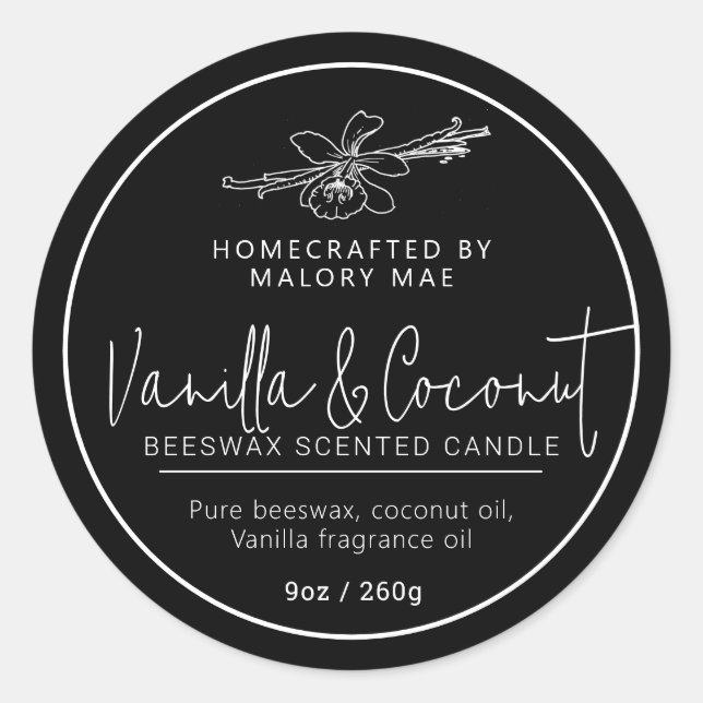 Homemade vanilla coconut candle mono ingredients classic round sticker (Front)