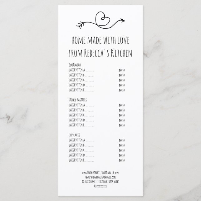 Homemade With Love Bakery Price List &  Menu (Front)