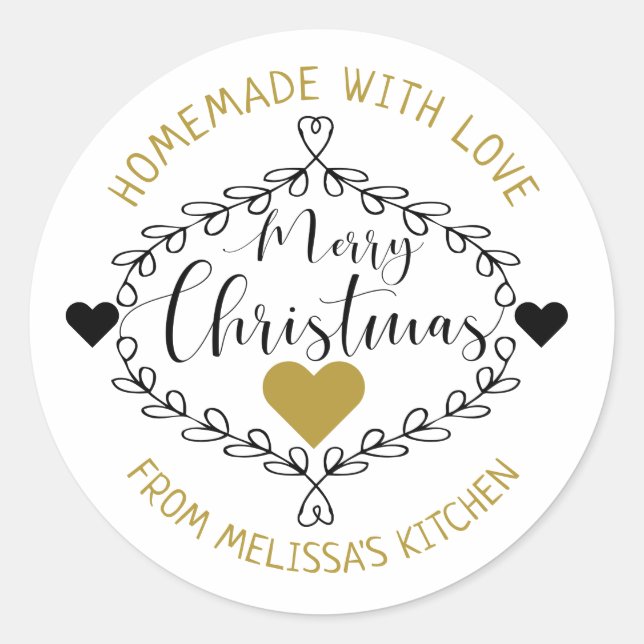 Homemade With Love Black And Gold Merry Christmas Classic Round Sticker (Front)