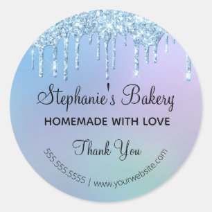 Homemade with Love Blue Dripping Glitter Thank you Classic Round Sticker