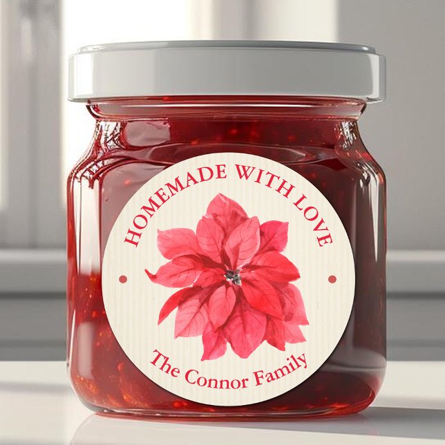 Homemade With Love Christmas Floral Classic Round Sticker (Homemade With Love Christmas Floral Poinsettia 3" Round Stickers)