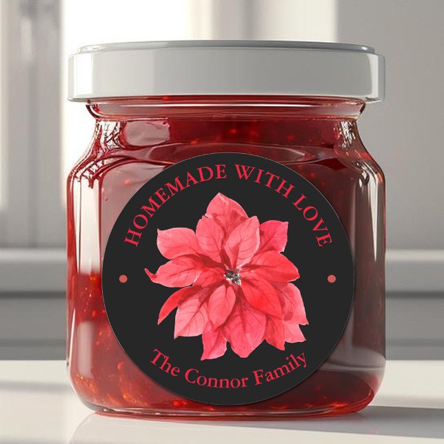 Homemade With Love Christmas Floral Classic Round Sticker (Homemade With Love Christmas Poinsettia 3" Round Black Stickers)