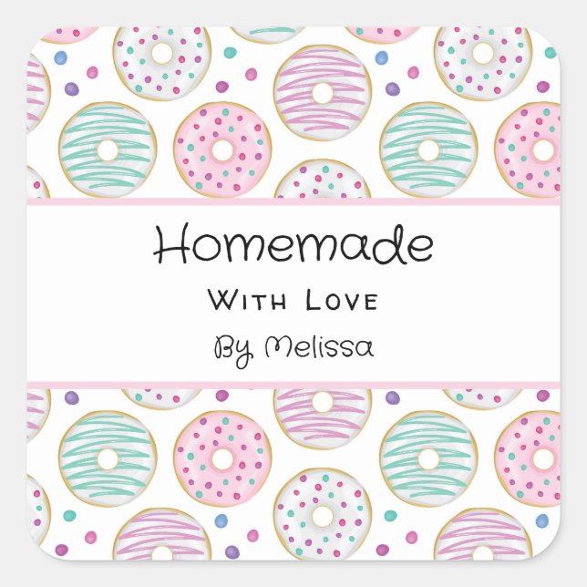 Homemade with Love Doughnut Pattern Cute Colourful Square Sticker (Front)