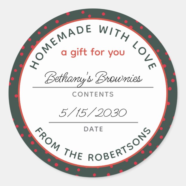 Homemade with Love Festive Red Green Classic Round Sticker (Front)