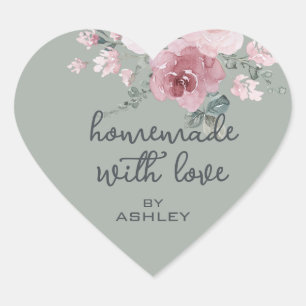 Homemade with Love Floral Rose Green Heart Sticker