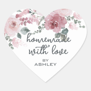 Homemade with Love Floral Rose  Heart Sticker