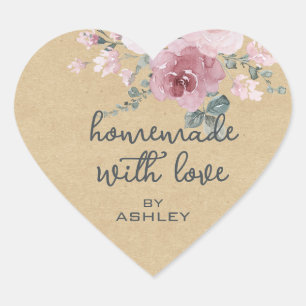 Homemade with Love Floral Rose Kraft Paper Gift Heart Sticker