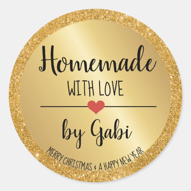 Homemade with love gold glitter holiday jar lid cl classic round sticker (Front)