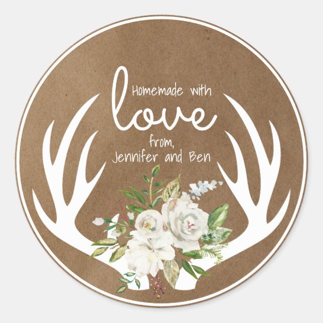 Homemade With Love Kraft Paper Boho Antlers Classic Round Sticker (Front)