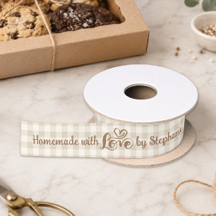Homemade with Love Neutral Gingham Script Heart Satin Ribbon