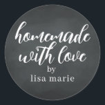 Homemade with Love Personalised Chalkboard Gift Classic Round Sticker<br><div class="desc">Rustic and modern personalised homemade with love sticker feautures stylish handwritten script calligraphy on a chalkboard background. Perfect for all your homemade gifts! Simply add your name to the label. Exclusively designed for you by Happy Dolphin Studio!</div>