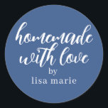 Homemade with Love Personalised Classic Blue Gift Classic Round Sticker<br><div class="desc">Rustic and modern personalised homemade with love sticker feautures stylish handwritten script calligraphy on a classic blue background. Perfect for all your homemade gifts! Simply add your name to the label. Exclusively designed for you by Happy Dolphin Studio!</div>