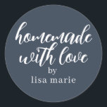 Homemade with Love Personalised Dark Blue Gift Classic Round Sticker<br><div class="desc">Rustic and modern personalised homemade with love sticker feautures stylish handwritten script calligraphy on a dark blue background. Perfect for all your homemade gifts! Simply add your name to the label. Exclusively designed for you by Happy Dolphin Studio!</div>