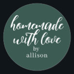 Homemade with Love Personalised Dark Green Gift Classic Round Sticker<br><div class="desc">Rustic and modern personalised homemade with love sticker feautures stylish handwritten script calligraphy on a dark green background. Perfect for all your homemade gifts! Simply add your name to the label. Exclusively designed for you by Happy Dolphin Studio!</div>