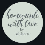 Homemade with Love Personalised Pastel Green Gift Classic Round Sticker<br><div class="desc">Rustic and modern personalised homemade with love sticker feautures stylish handwritten script calligraphy on a pastel green background. Perfect for all your homemade gifts! Simply add your name to the label. Exclusively designed for you by Happy Dolphin Studio!</div>