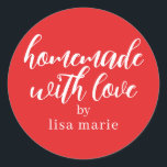 Homemade with Love Personalised Red Gift Classic Round Sticker<br><div class="desc">Rustic and modern personalised homemade with love sticker feautures stylish handwritten script calligraphy on a bright red background. Perfect for all your homemade gifts! Simply add your name to the label. Exclusively designed for you by Happy Dolphin Studio!</div>