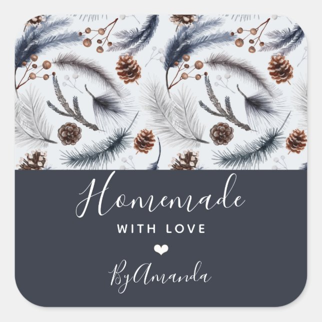 Homemade with Love Pine Cones Winter Pattern Square Sticker (Front)