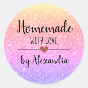 Homemade with love rainbow glitter script classic round sticker