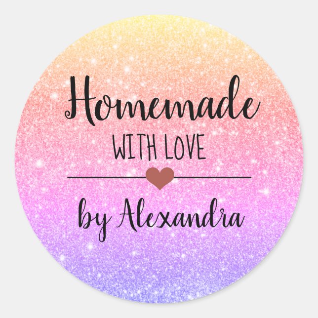 Homemade with love rainbow glitter script classic  round sticker (Front)