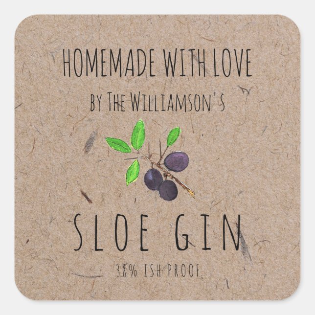Homemade with Love Sloe Gin Kraft Paper Square Sticker (Front)