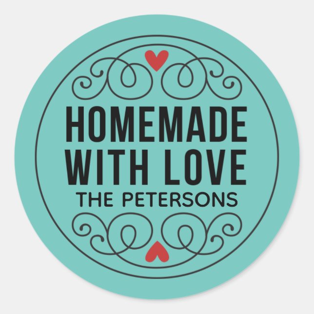 Homemade With Love Teal Classic Round Sticker (Front)