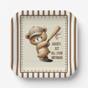 Homerun Hitter Stripe Baseball Bear 1st Birthday Paper Plate