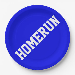 HOMERUN Sporty White Baseball Text On Bright Blue Paper Plate