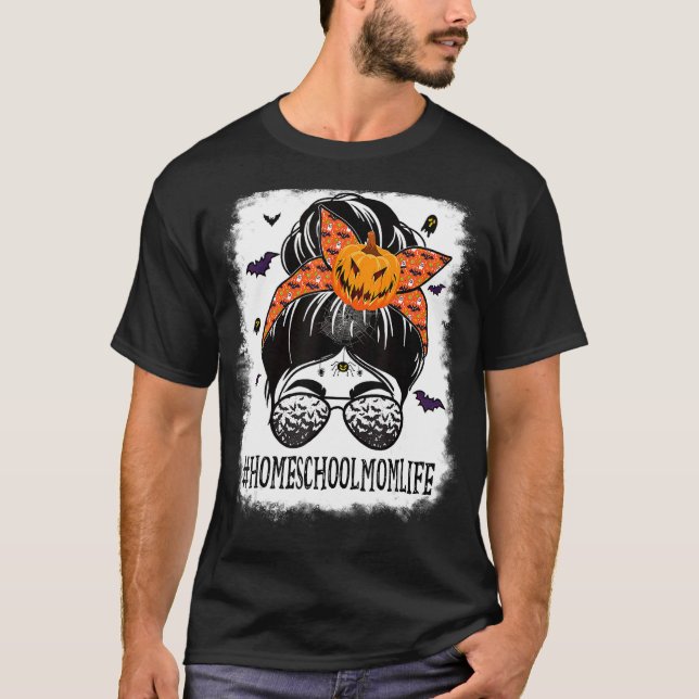 Homeschool Mum Messy Bun Spooky Pumpkin Bat Orange T-Shirt (Front)