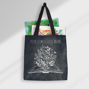Homeschool Name Minimalist Floral Open Book Tote Bag