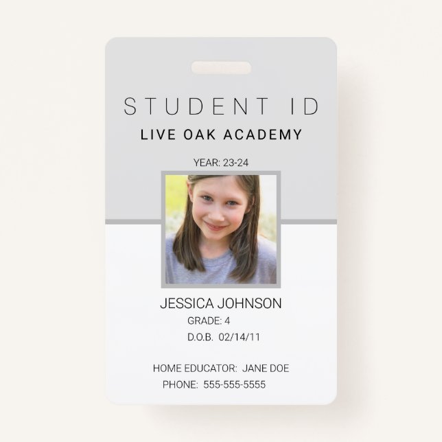 Homeschool Student ID Badge | Modern Grey Vertical (Front)