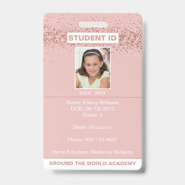 Homeschool Student ID Rose Gold Glitter Badge (Front)