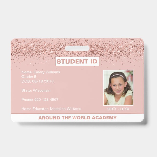 Homeschool Student ID Rose Gold Glitter Badge (Front)