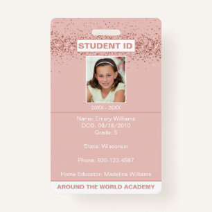 Homeschool Student ID Rose Gold Glitter Badge ID Badge