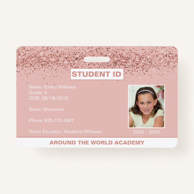 Homeschool Student ID Rose Gold Glitter Badge ID Badge (Front)