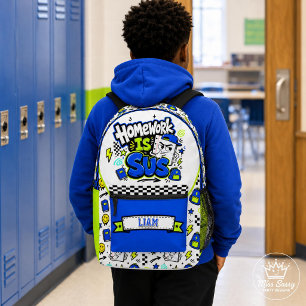 Homework is Sus Blue & Green Funny Kids Printed Backpack