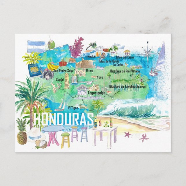 Honduras Illustrated Travel Map with Roads  Postcard (Front)