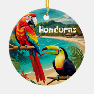 Honduras Travel Vintage Poster Macaw and Toucan Ceramic Ornament