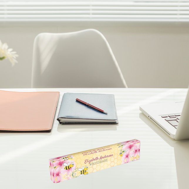 Honecomb happy bumble bees pink florals boss babe nameplate (Creator Uploaded)