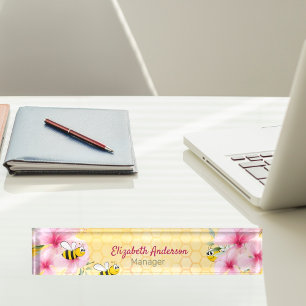 Honecomb happy bumble bees pink florals nameplate
