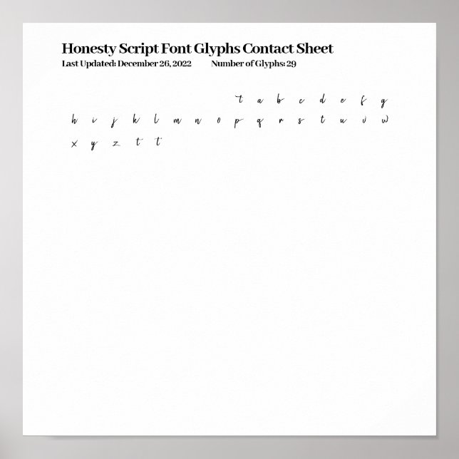 Honesty Script Font Glyphs Contact Sheet Poster (Front)